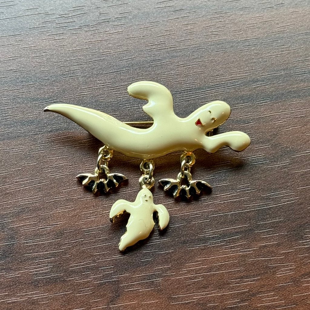 Sfj Vintage 80s Enamel Ghost Brooch Pin With Bats Gold Tone